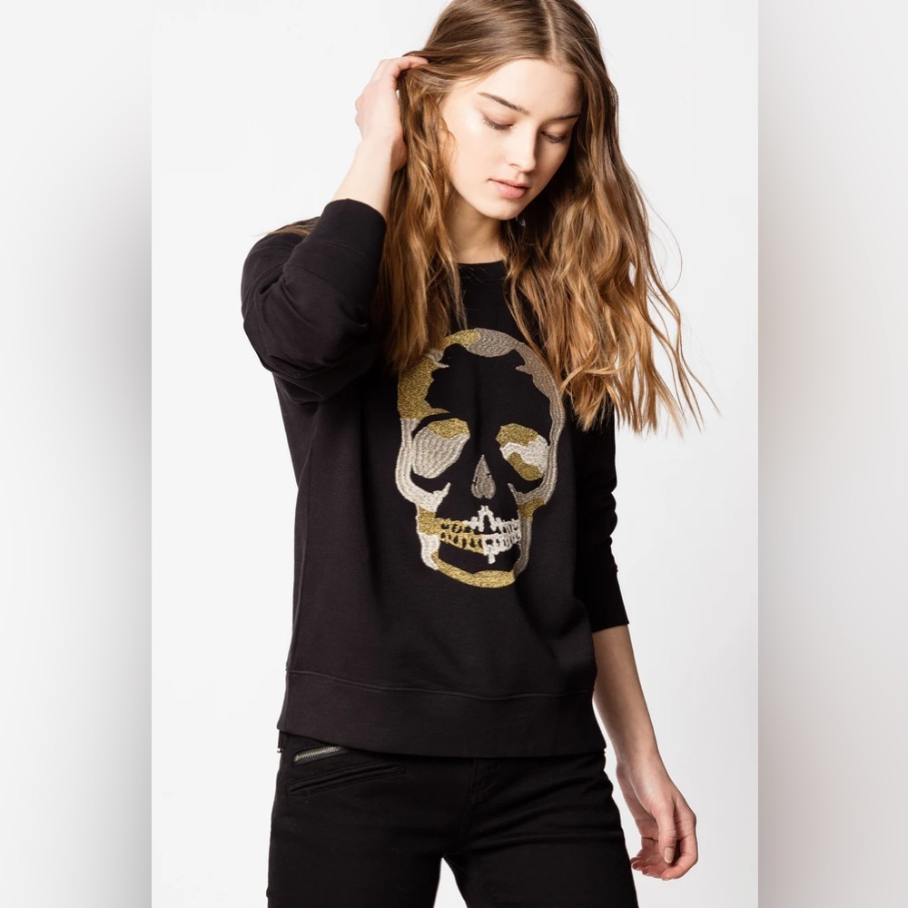 Zardig & Voltaire Upper Skull Gold Sweatshirt In Noir Size S